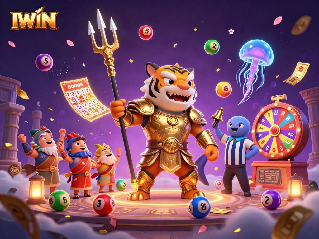 IWIN enhances excitement with a vibrant lottery scene featuring a trident-wielding tiger shark.