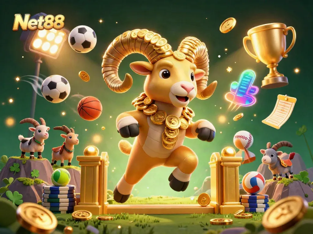 Net88 showcases an engaging 3D illustration featuring golden ram and vibrant sports elements, attracting gamblers.