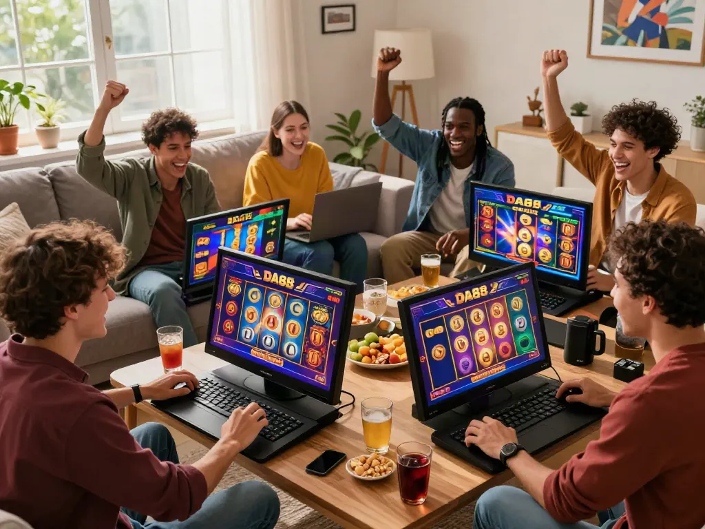Friends enjoying an exciting slot game experience on DA88 platform in a cozy living room.