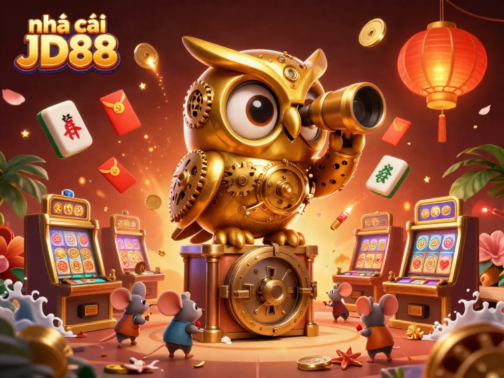 Engage with the vibrant world of nhà cái JD88 featuring a dynamic casino scene with playful characters and rich game elements.