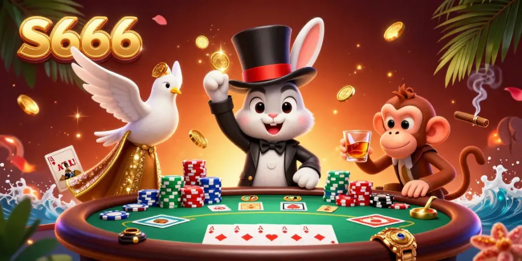 S666 captivates with a vibrant scene of a magician rabbit pulling coins, showcasing dynamic casino elements and fun.