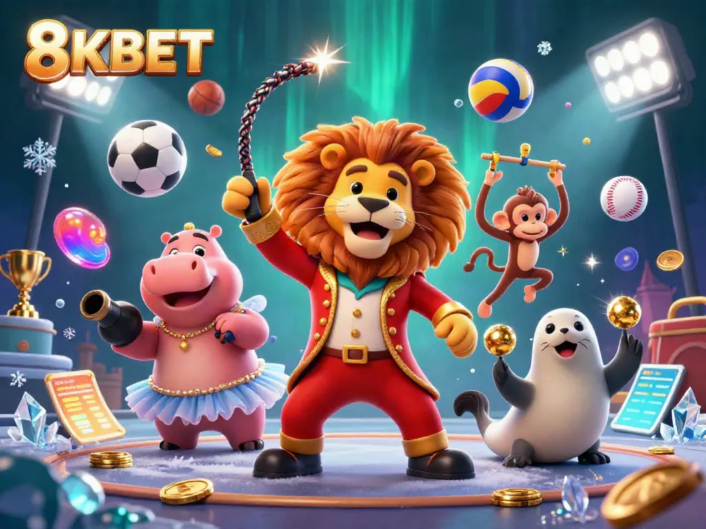 Experience the vibrant excitement of 8KBET with dynamic characters and sports elements celebrating a thrilling casino atmosphere.