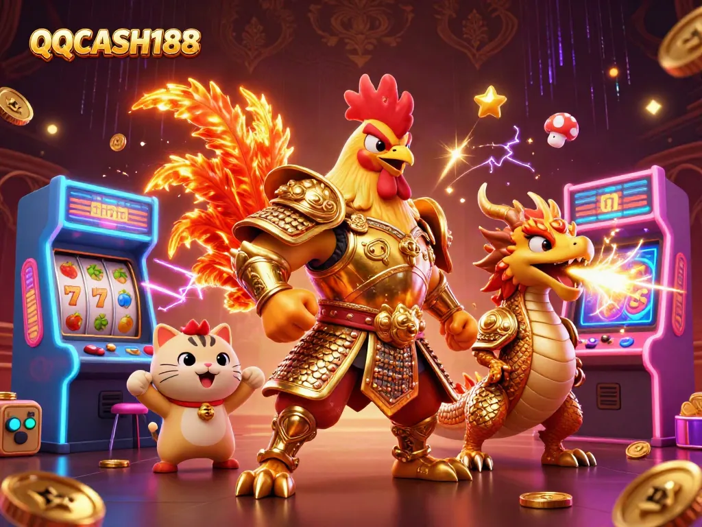 Experience the thrill of gaming with QQCASH188 through dynamic characters and casino symbols.
