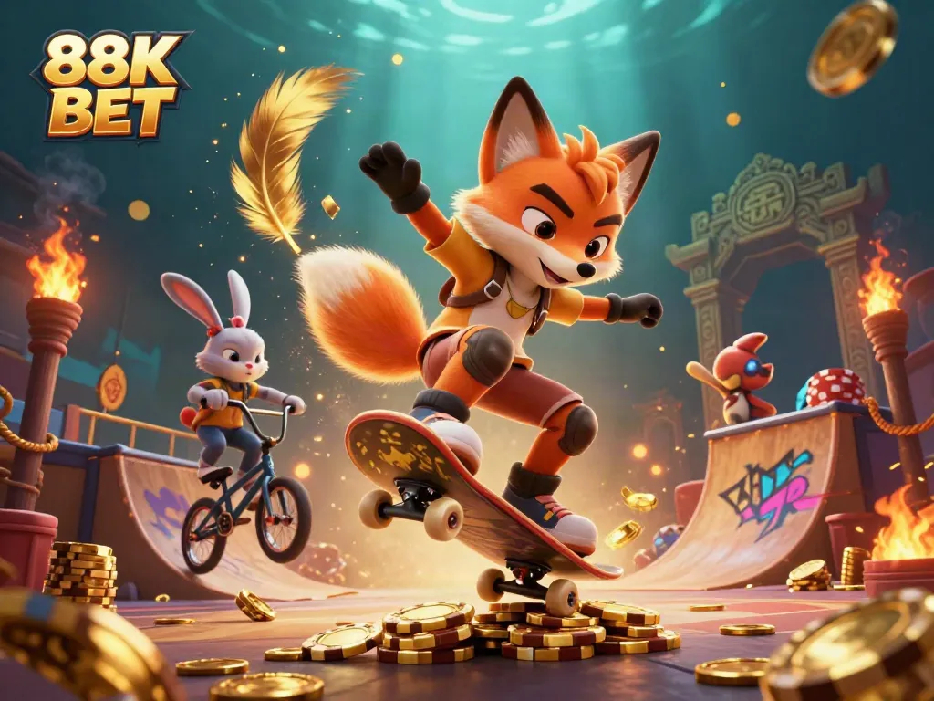 Experience thrilling action with 88K BET as a skateboarder fox performs stunts amid vibrant casino-themed visuals.
