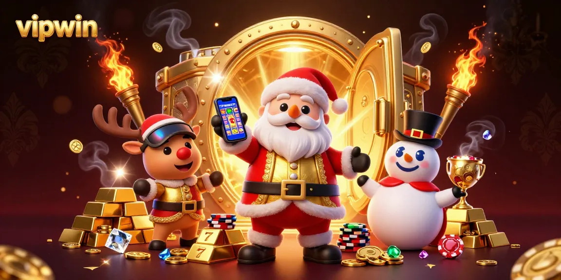 Winning at vipwin casino, Santa Claus celebrates jackpot slots in a vibrant 3D illustration.
