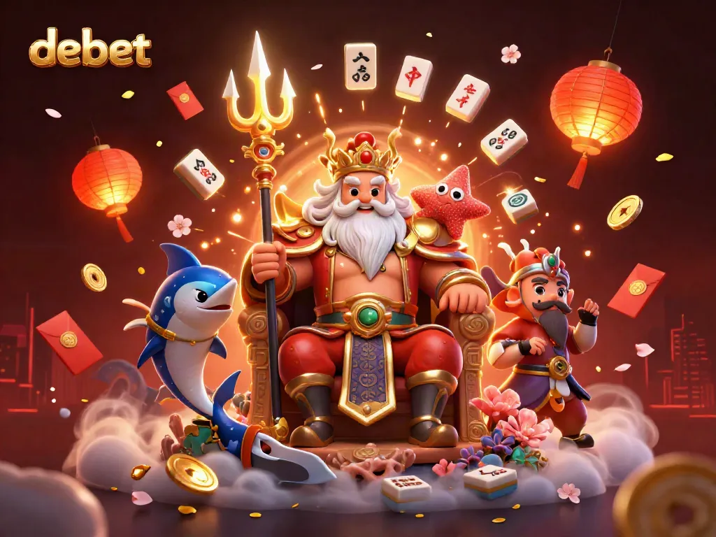 Engaging debet illustration featuring Neptune, samurai, and gaming elements in a vibrant casino scene.
