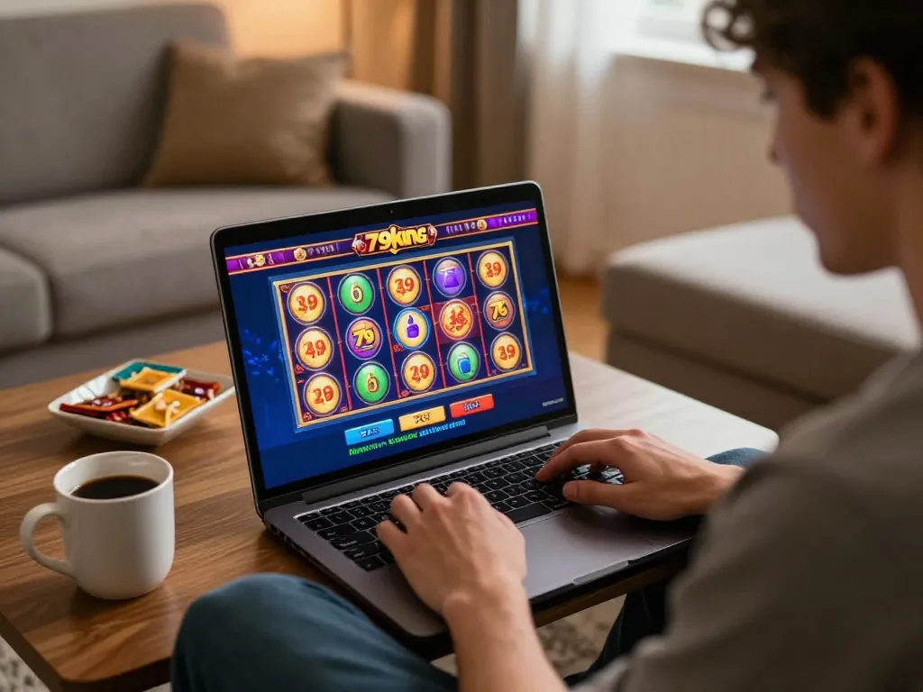 Player engaging with 79king's online casino on laptop in a cozy living room setting.