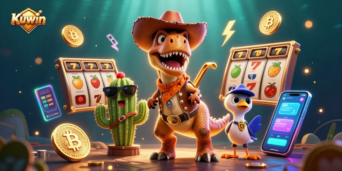 Kuwin's cartoon dinosaur character celebrates a vibrant jackpot scene with slot reels and cryptocurrency elements.
