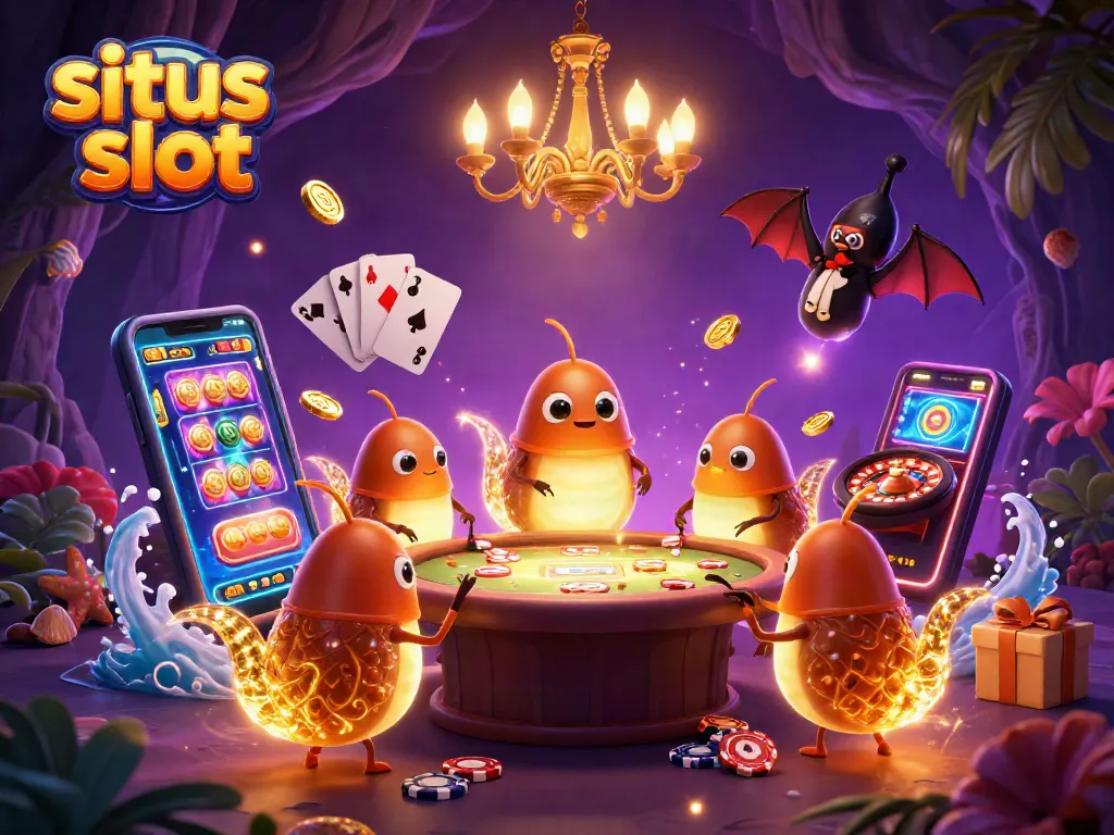 Experience situs slot with dynamic glowworms illuminating a vibrant casino scene filled with games and excitement.