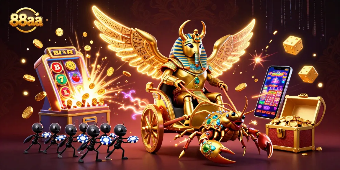 Engage with 88aa's thrilling gameplay featuring a colossal scarab beetle, vibrant casino elements, and dynamic energy bursts.
