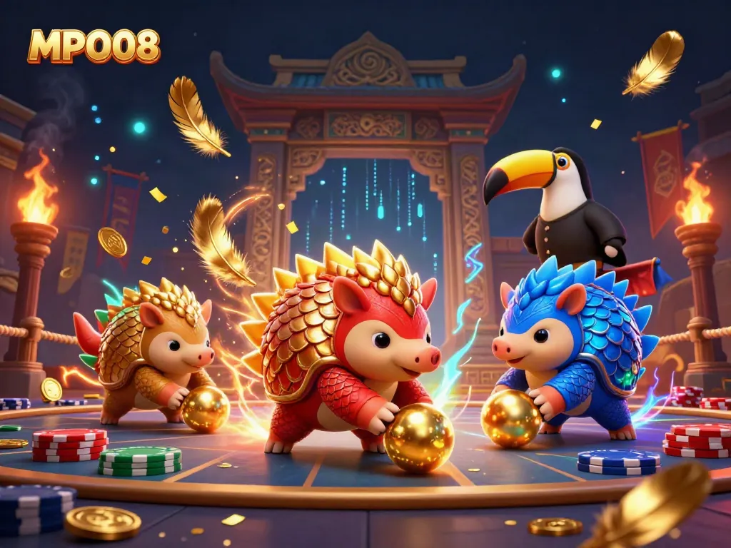 Engage in thrilling MPO08 casino action with colorful pangolins amidst poker chips and golden feathers.