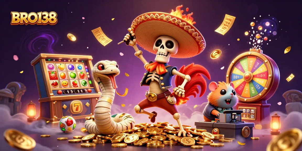 Experience the thrill of BRO138 with exciting slot reels and vibrant characters in a dynamic gambling scene.