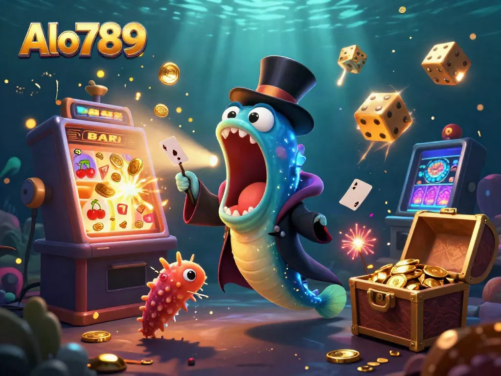 Alo789 showcases a vibrant scene of online gaming with magical fish characters and jackpot excitement.