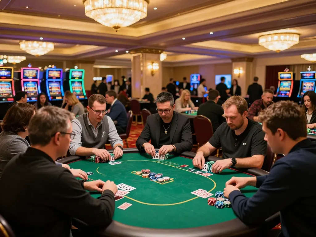 Sunwin gameplay at a bustling casino poker table, showcasing players and chips in action.