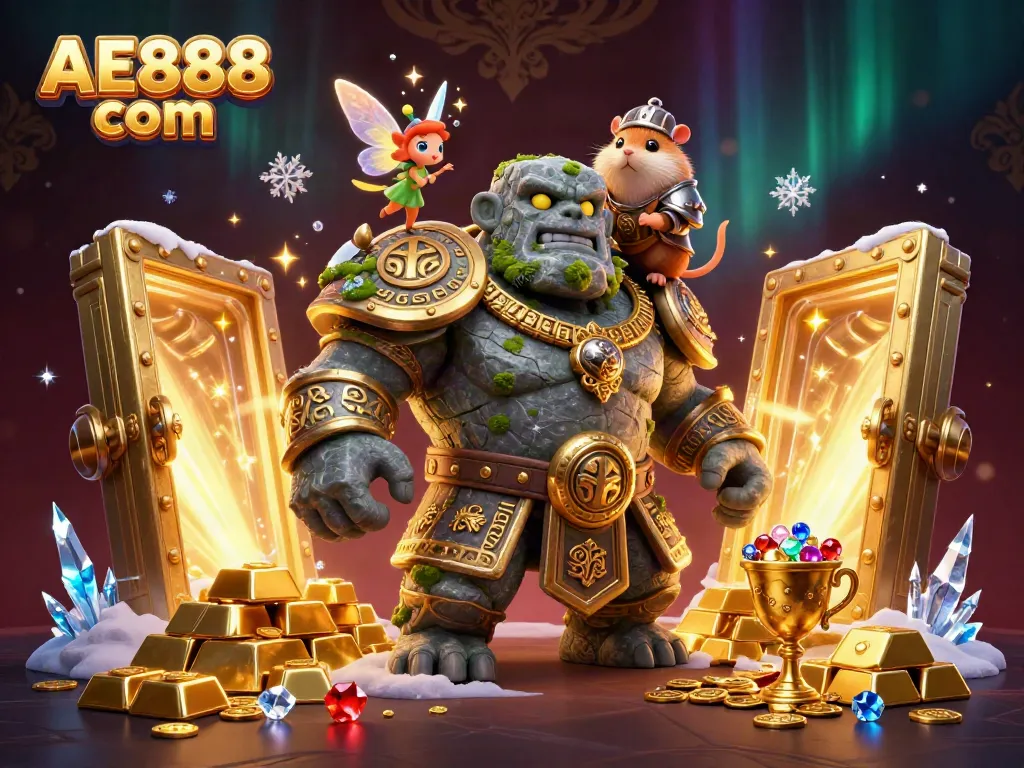 Experience casino excitement at AE888 com with magical characters amidst gold treasures.
