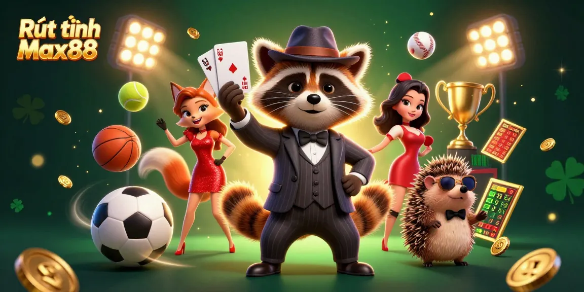 Experience seamless withdrawals with Rút tiền Max88, highlighted by a suave raccoon, fox, and hedgehog in a dynamic casino scene.