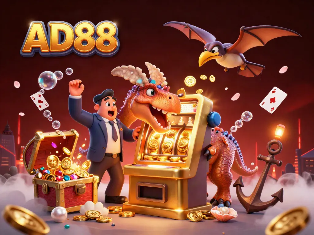 AD88 casino scene featuring a pachycephalosaurus celebrating a jackpot with golden coins, amidst vibrant gaming elements.