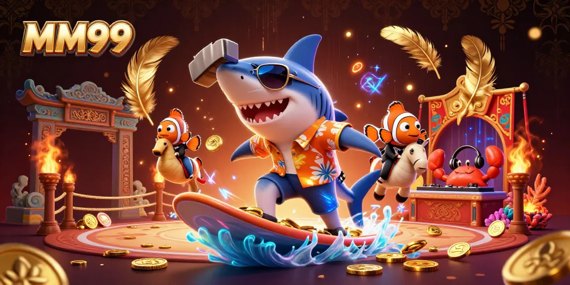 Experience thrilling MM99 adventures with a shark surfing on gold coins surrounded by casino elements.