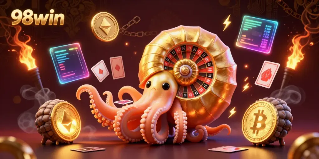 Experience exhilarating gameplay with 98win, featuring an ancient nautilus roulette wheel and glowing crypto coins.