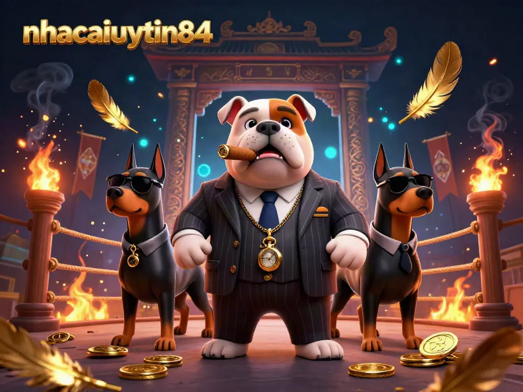 Engage in thrilling gaming at nhacaiuytin84 with a lively casino scenario featuring a bulldog mafia boss and his Doberman bodyguards.