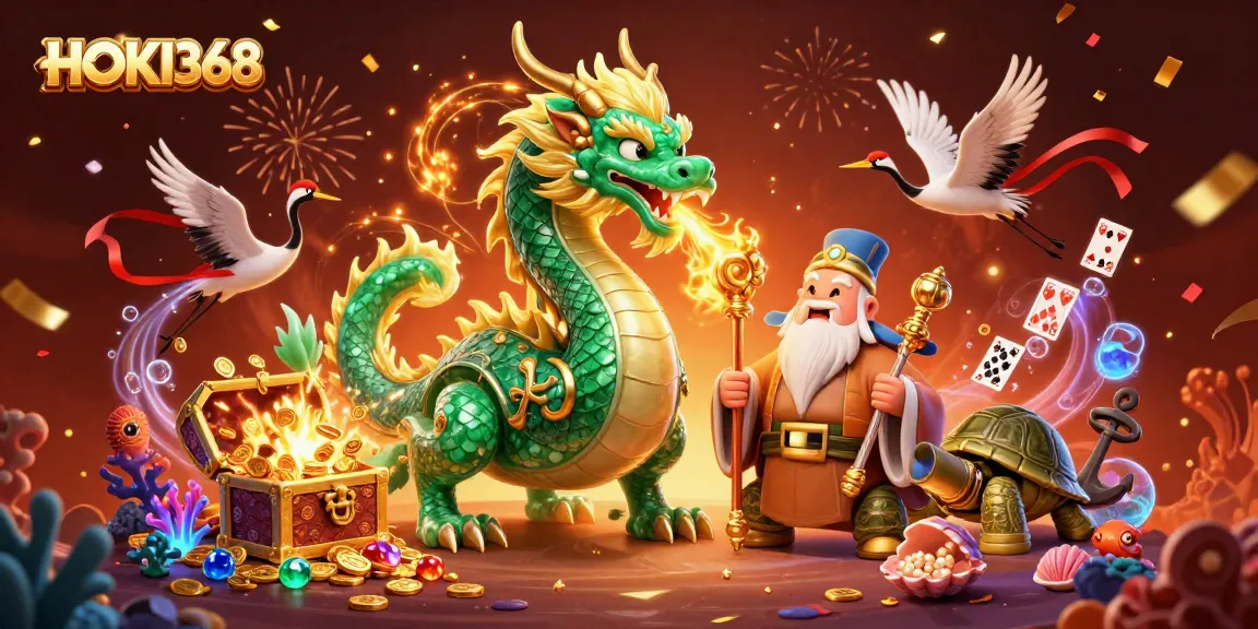 Engage in thrilling gameplay with HOKI368, featuring a jade dragon amidst vibrant casino elements.