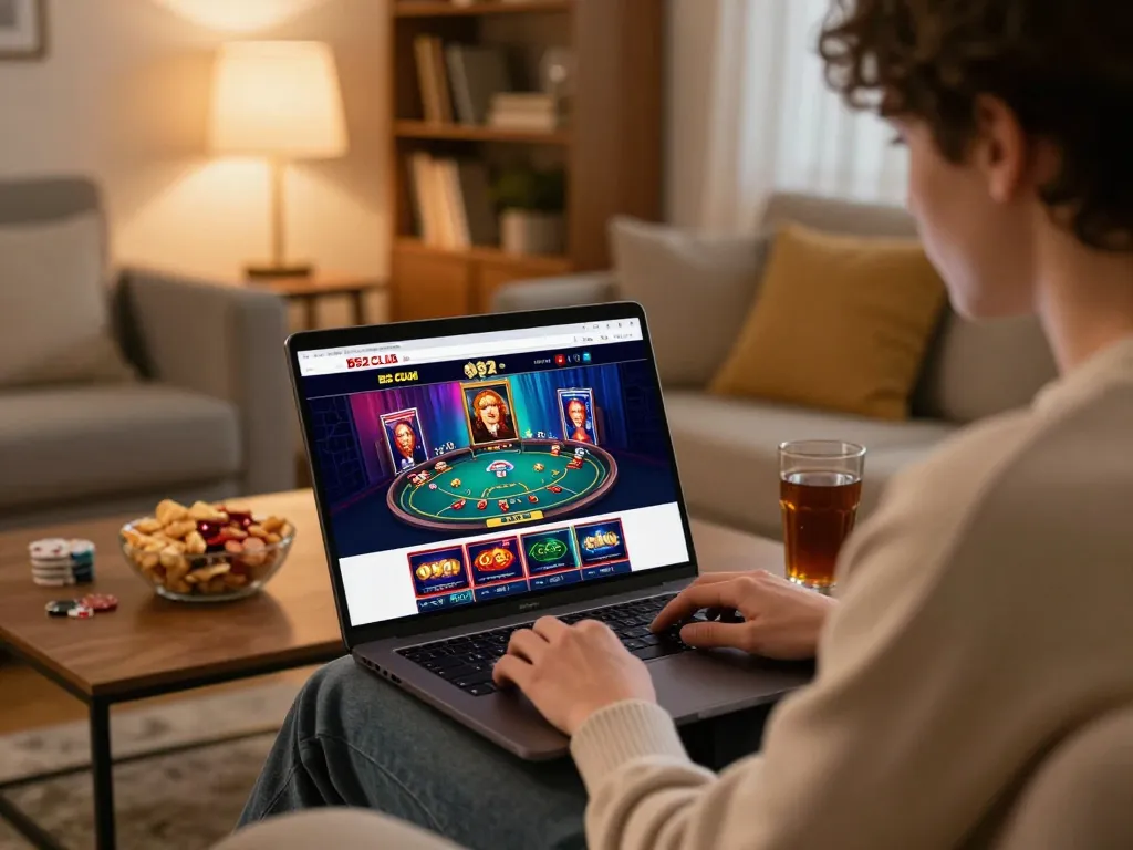B52 club player enjoying poker gameplay on laptop in a cozy home setting with snacks nearby