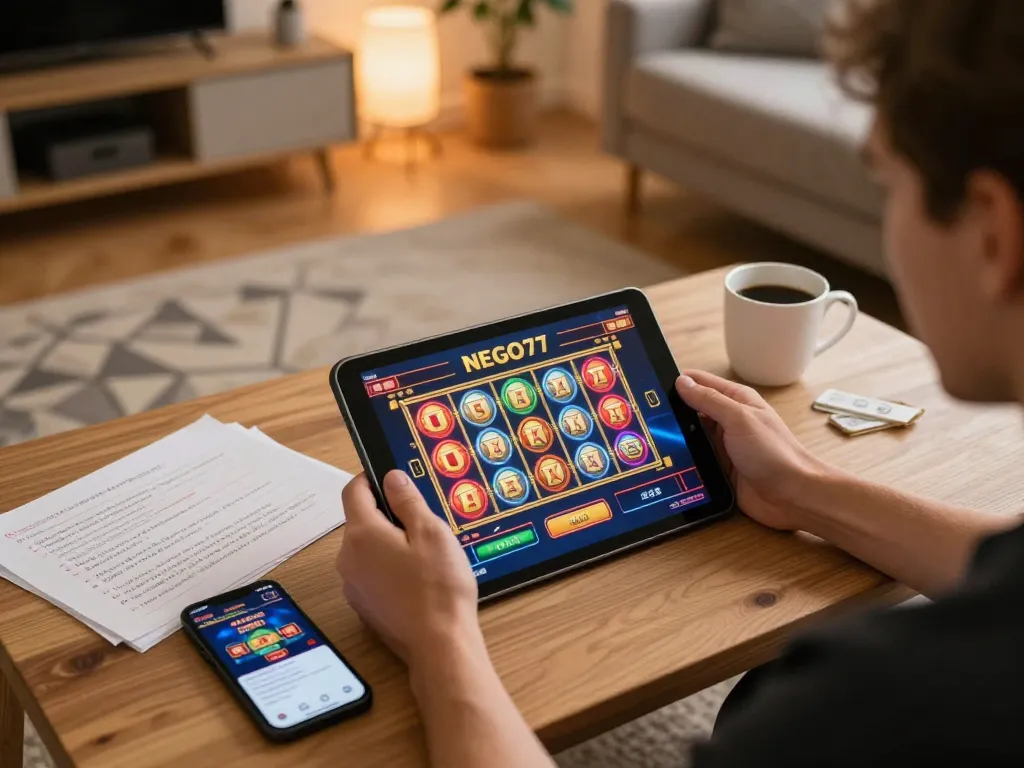 Engaging NEGO77 online casino gameplay on a tablet, showcasing colorful slot games