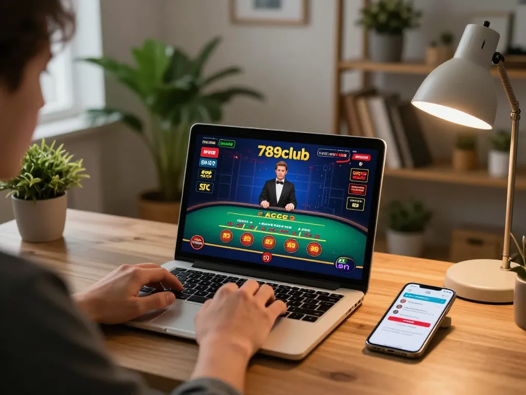 Engage with live dealer games at 789club in a cozy home setting using a laptop and smartphone.