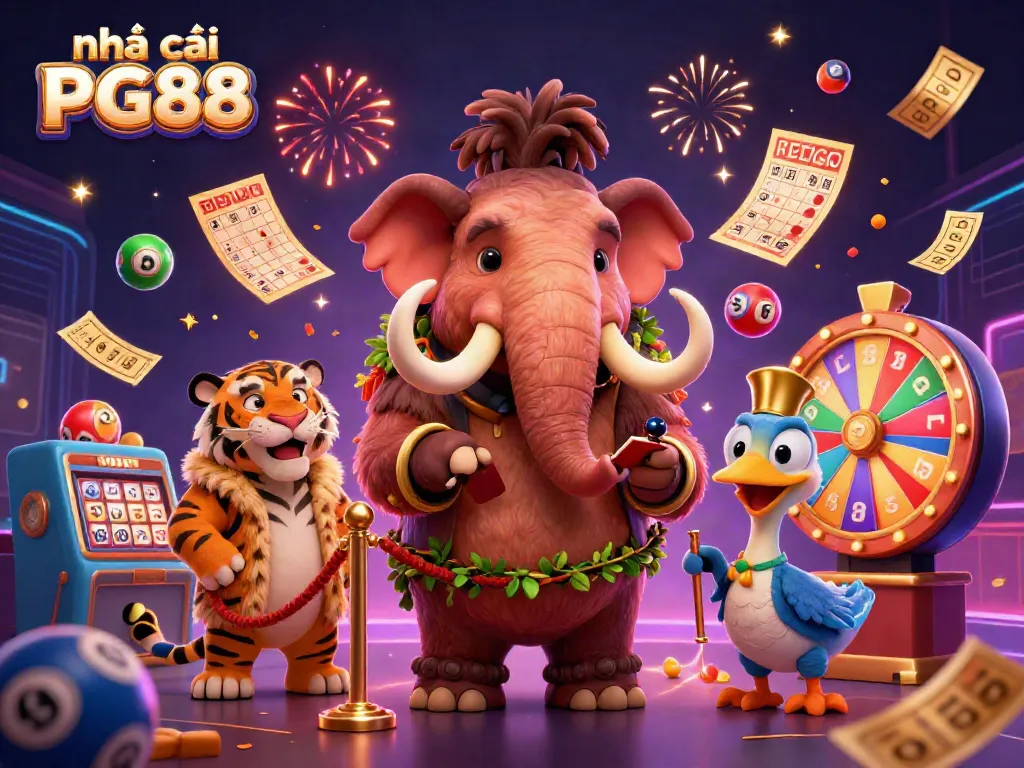 nhà cái PG88 meets vibrant casino excitement with colorful lottery balls and character interactions.