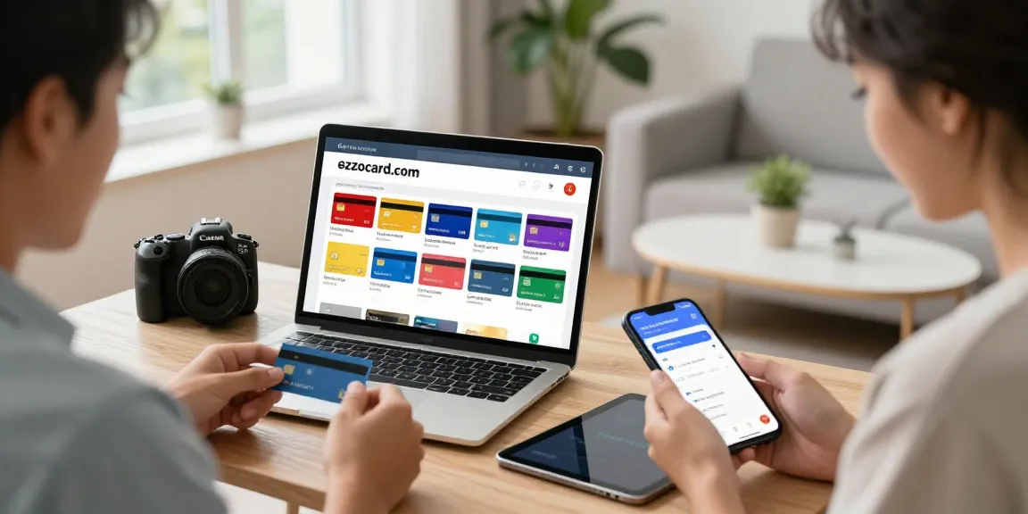 Engaging scene showcasing users exploring ezzocard.com for virtual prepaid cards, emphasizing easy online transactions.
