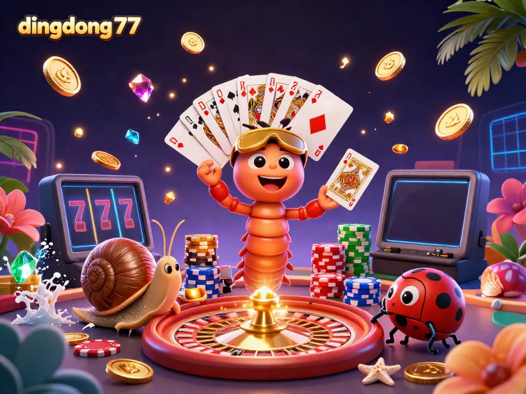 Experience the thrilling gameplay at dingdong77 with vibrant elements of excitement and entertainment in this ultra-detailed 3D casino illustration.