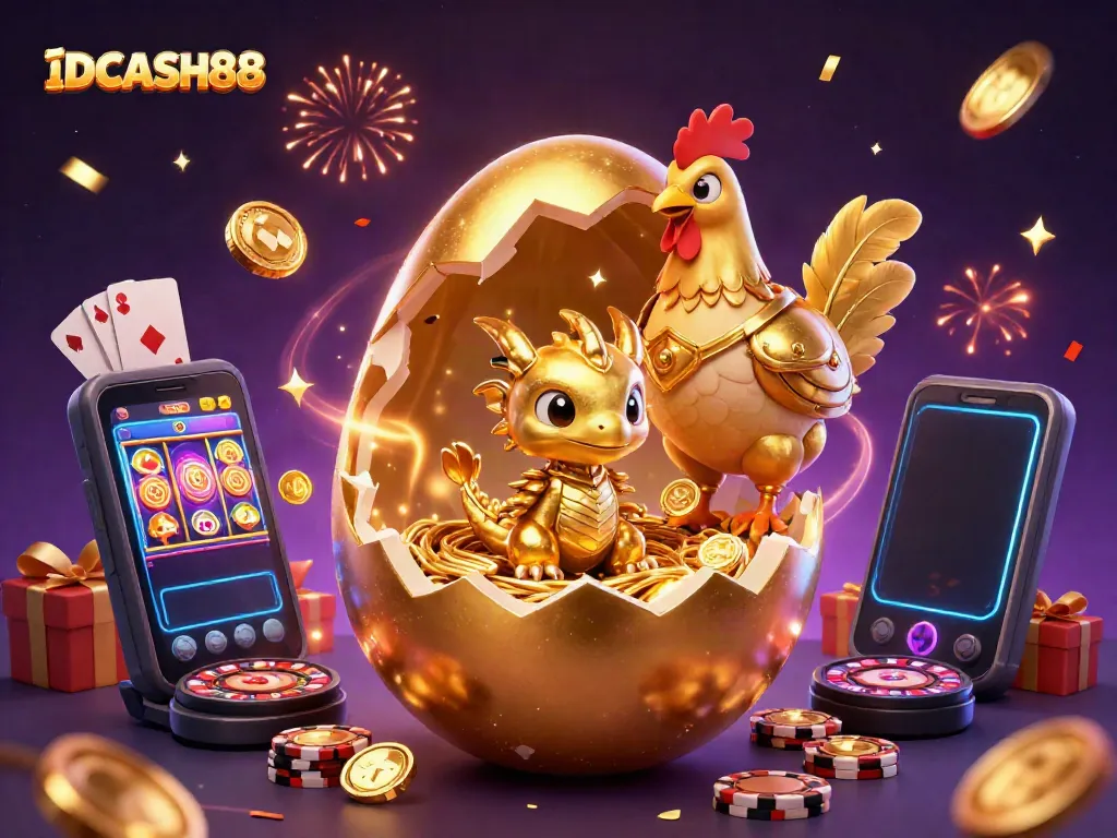 Engage with thrilling golden adventures at IDCASH88, featuring a dazzling crystal baby dragon and treasure scattered around.