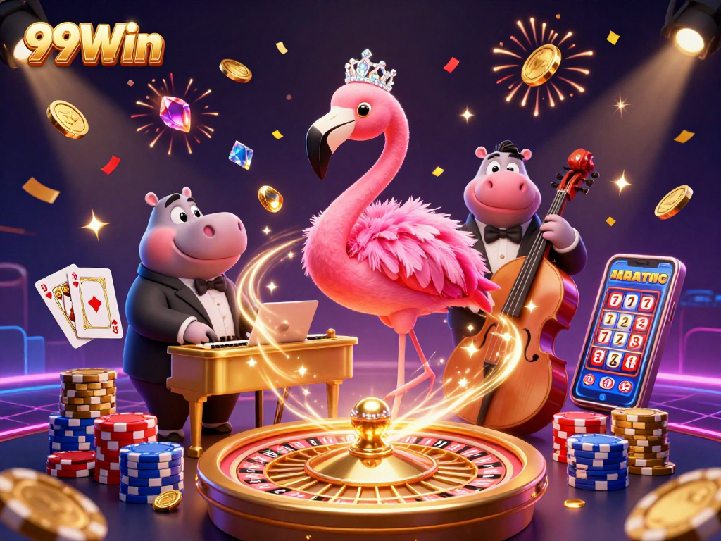 Experience the thrill of winning with 99Win at this lively casino scene filled with excitement and vibrant colors.