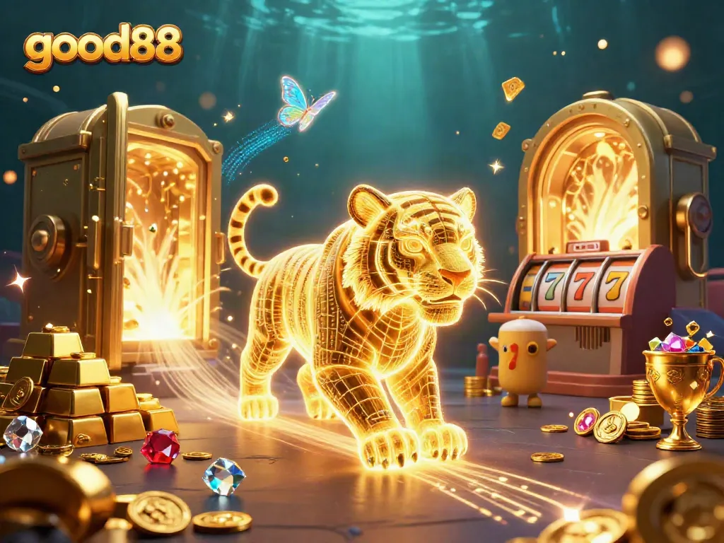 Experience thrilling jackpots with good88 in a vibrant 3D casino landscape brimming with treasures.