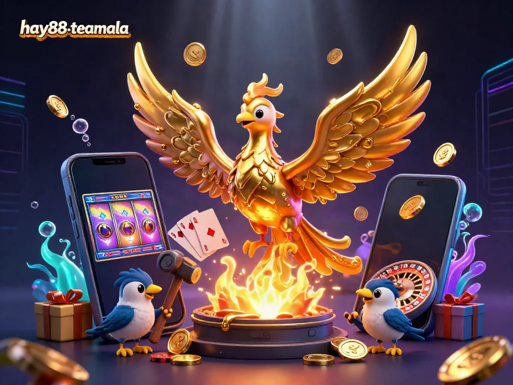 Engaging illustration of hay88-teamala's vibrant online casino with a golden phoenix and gaming elements.