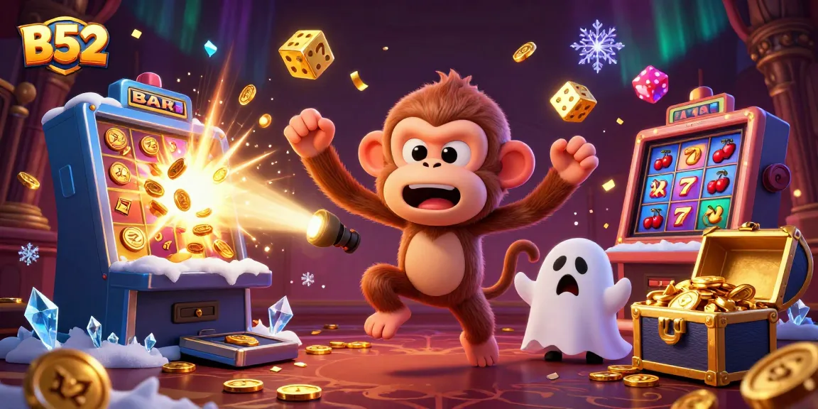 B52 game scene featuring a ghostly monkey juggling casino treasures in an enchanting setting