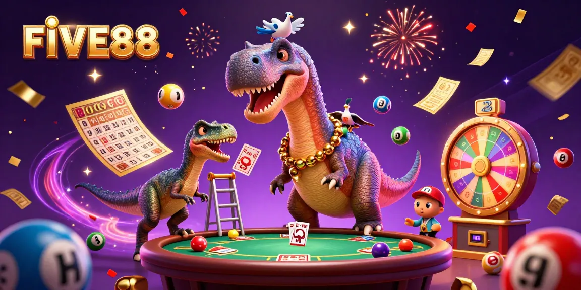 Engaging scene featuring FIVE88 with cartoon characters in a lively casino atmosphere.