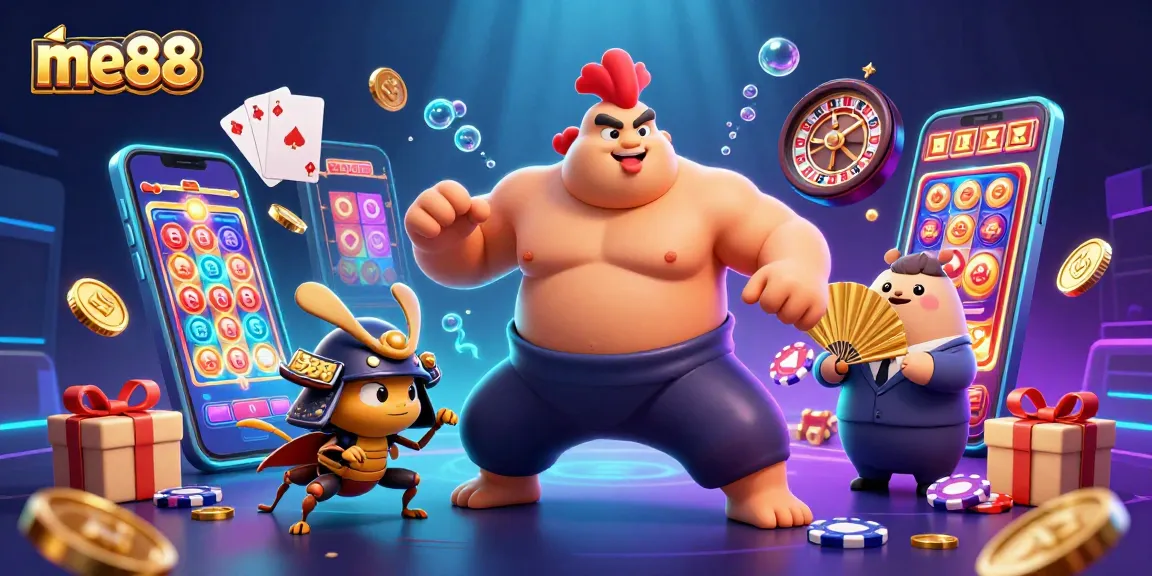Catch exciting moments at me88 with a vibrant 3D illustration showcasing a sumo rooster and casino elements.