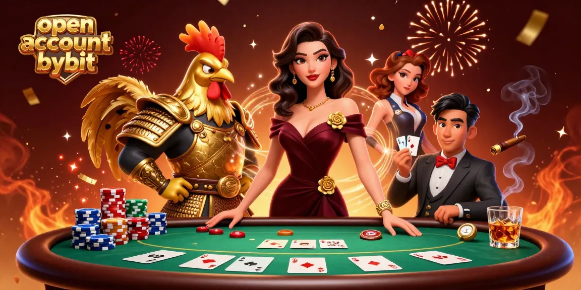Engage in the excitement to open an account on Bybit, framed by poker elements and vibrant characters.