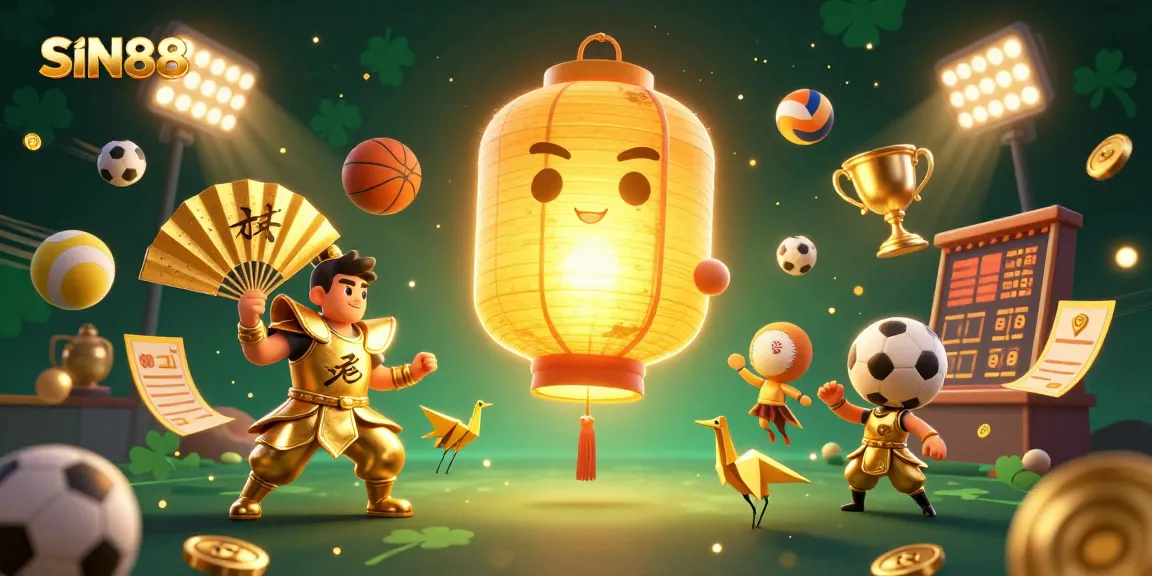 SIN88 showcases vibrant casino gaming elements, including illuminated lanterns and sports balls, in an engaging 3D scene.