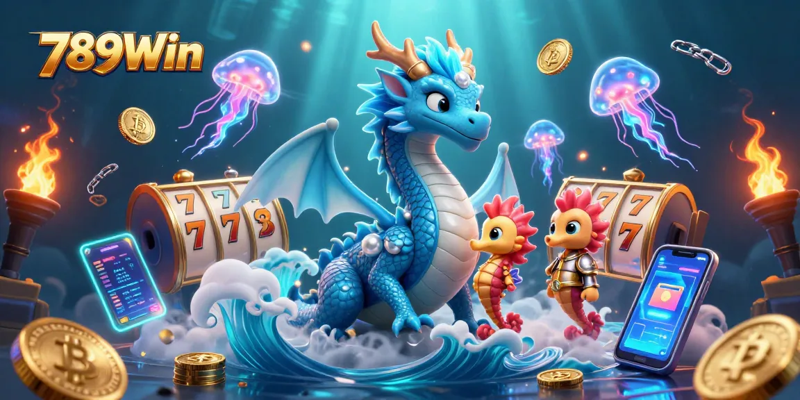 Experience the thrill of gaming with 789Win featuring an azure dragon amidst colorful casino elements.