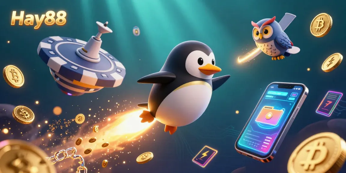 Experience Hay88's thrilling arcade with a mesmerizing golden penguin and vibrant casino visual elements.