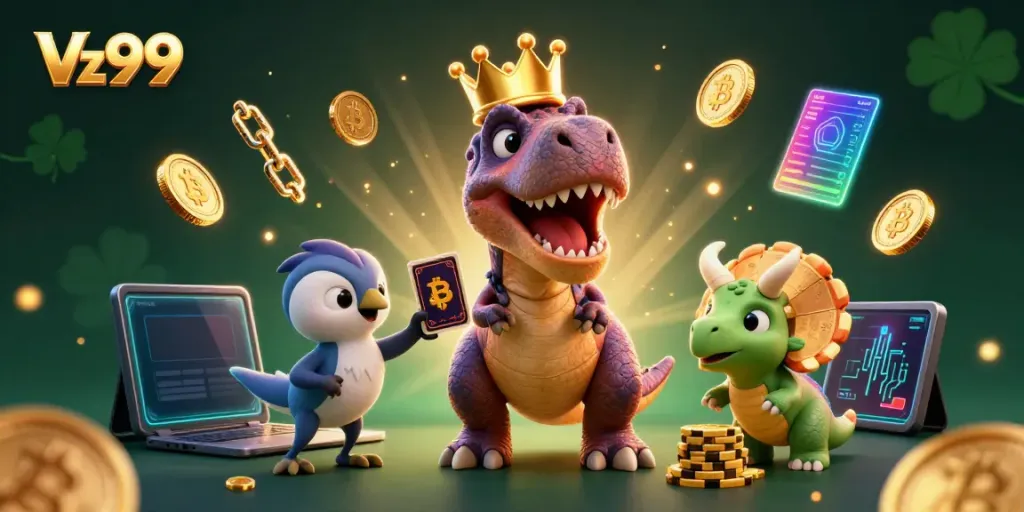Experience thrilling gaming with Vz99; a friendly T-Rex plays cards while a pterodactyl assists.