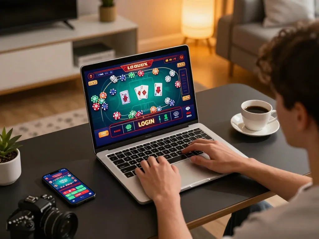 Engaging scene of LGOLUX LOGIN on a laptop, showcasing modern online gaming setup at home.
