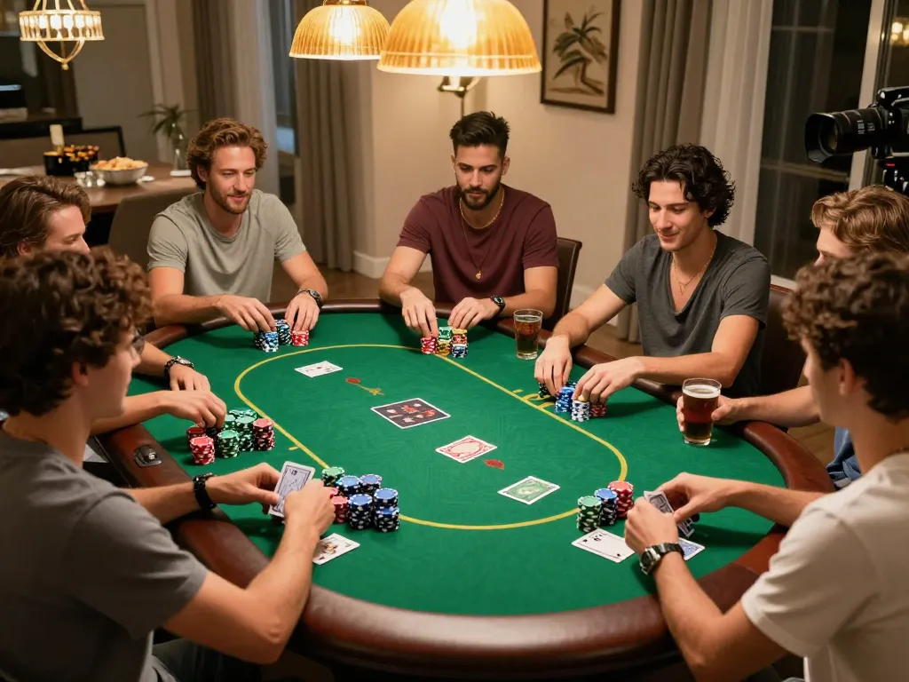 MPO ID poker night with friends enjoying a game, vibrant colors and cozy atmosphere highlighting camaraderie.