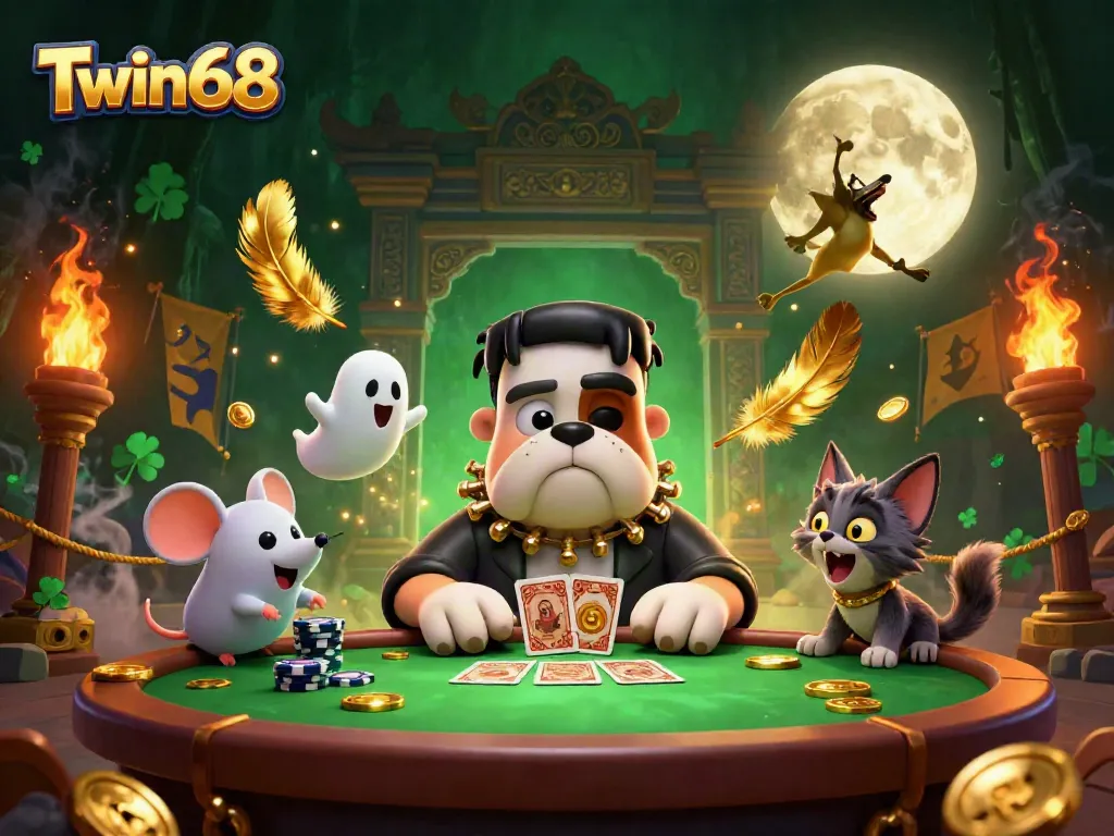 Twin68 gaming scene with cartoon characters, chips, and betting tokens, showcasing an exciting card game.