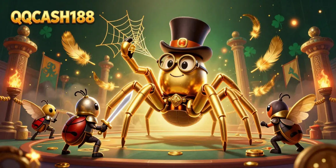 Play with QQCASH188 – Experience thrilling gaming with golden tarantula and heroic beetle knight in an exciting casino scene.