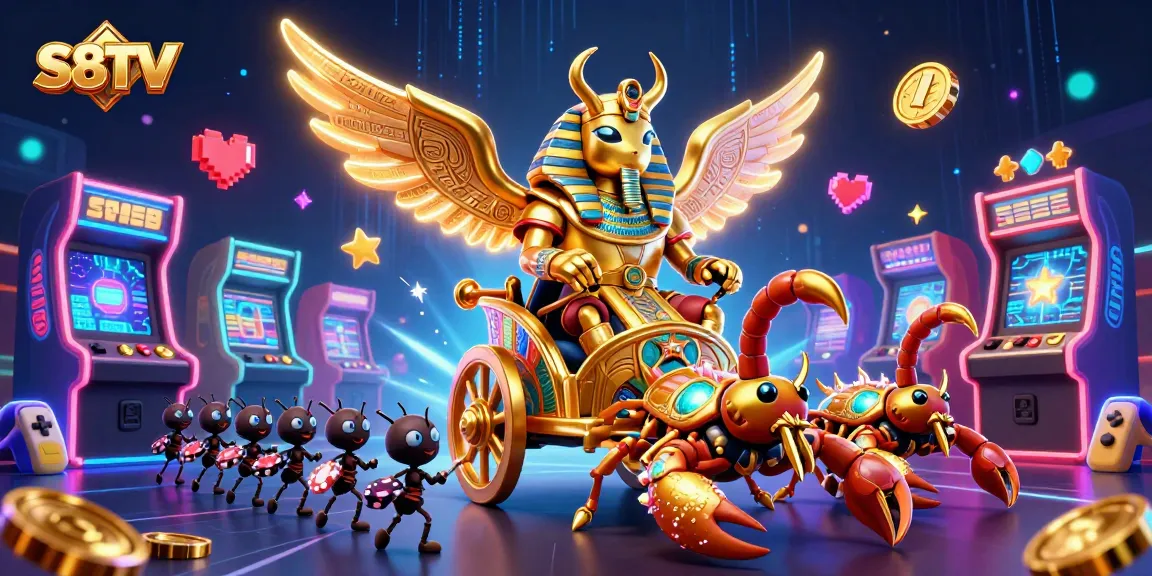 S8TV delivers thrilling sports betting with a dynamic scene of a golden beetle and vibrant gaming elements.