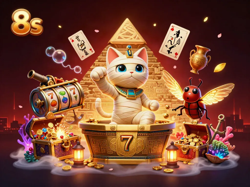 Play exciting games at 8s with Egyptian-themed slots and animated characters in a vibrant casino.