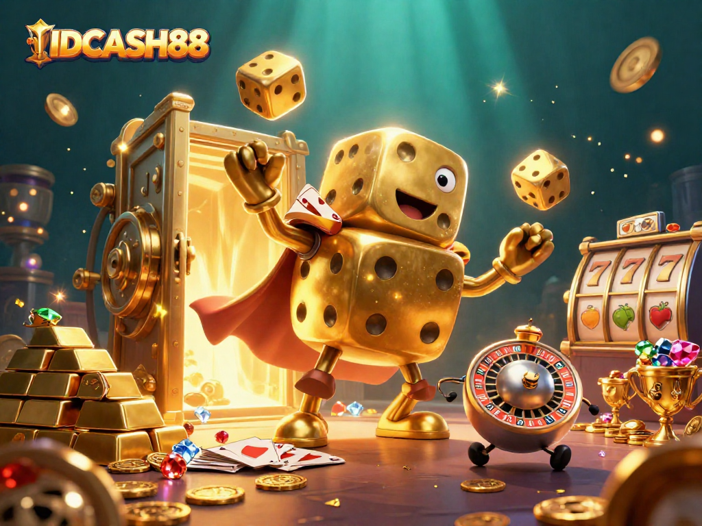 Win big with IDCASH88 in this vibrant casino scene featuring golden dice, jewels, and slots.